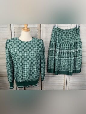 GOOD TIMES Vintage 80s Skirt Set Green & White Geometric Print Shoulder Pads-10